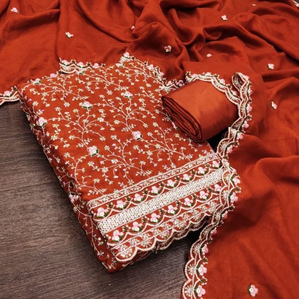Exquisite Orange Vichitra Silk Unstitched Suit with Heavy Sequin Work for Party Wear Color Set Matching Dress Material Wholesale