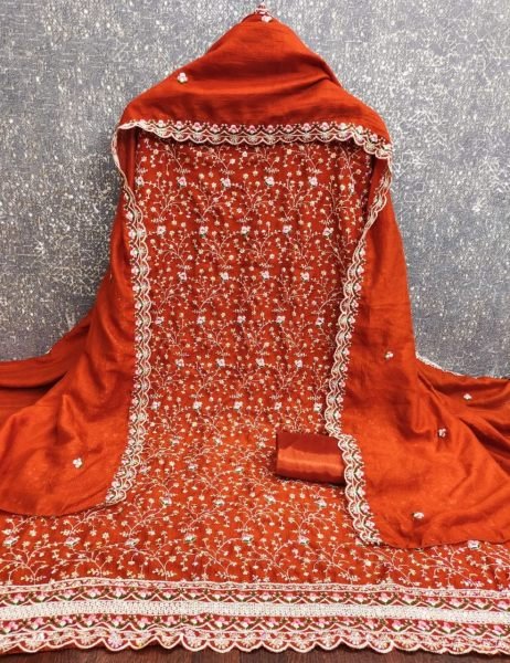 Exquisite Orange Vichitra Silk Unstitched Suit with Heavy Sequin Work for Party Wear Color Set Matching Dress Material Wholesale
