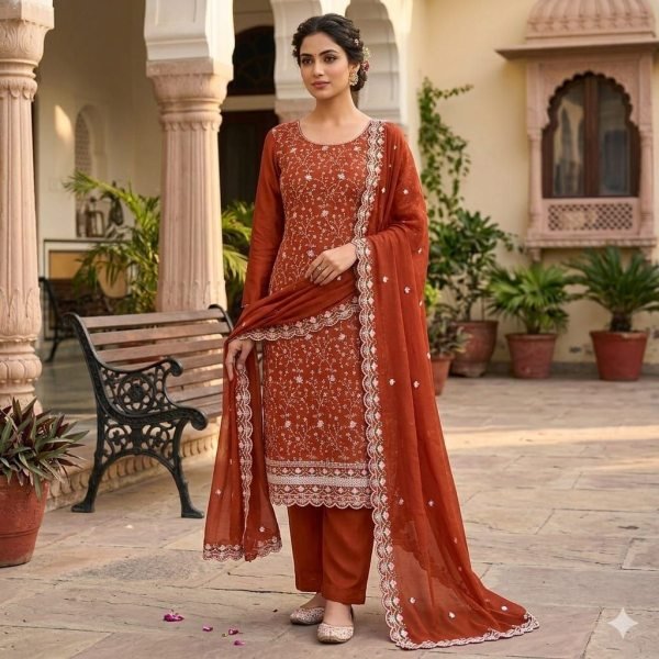 Exquisite Orange Vichitra Silk Unstitched Suit with Heavy Sequin Work for Party Wear Color Set Matching Dress Material Wholesale