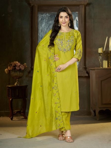 Exquisite Parrot Green Designer Mal Chanderi Anarkali Kurta Pant Dupatta with Bracelet Kurtis