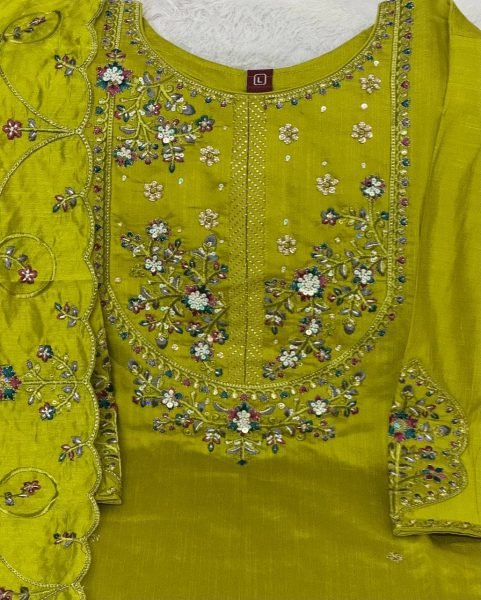 Exquisite Parrot Green Designer Mal Chanderi Anarkali Kurta Pant Dupatta with Bracelet Embroidery Kurtis 