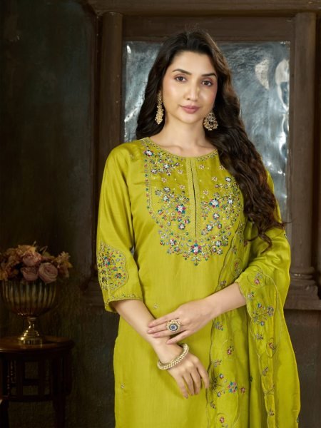 Exquisite Parrot Green Designer Mal Chanderi Anarkali Kurta Pant Dupatta with Bracelet Embroidery Kurtis 