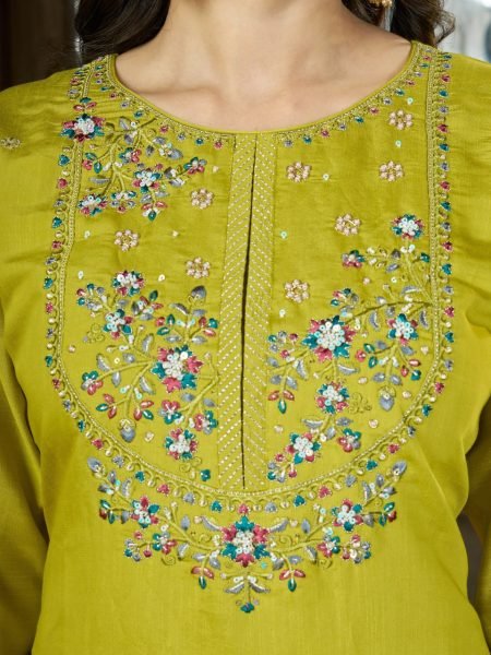 Exquisite Parrot Green Designer Mal Chanderi Anarkali Kurta Pant Dupatta with Bracelet Embroidery Kurtis 