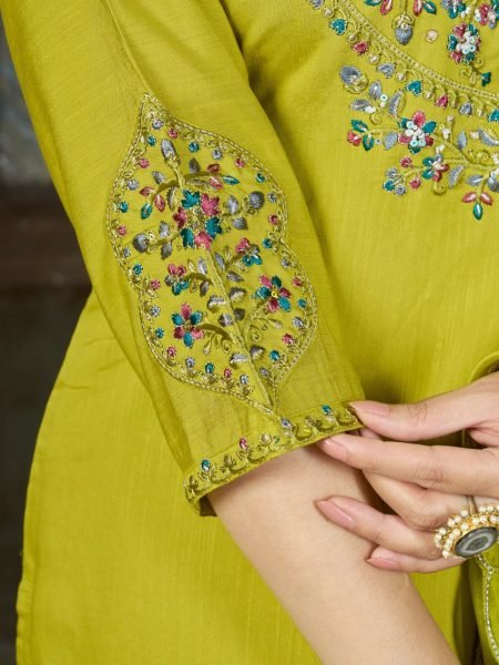 Exquisite Parrot Green Designer Mal Chanderi Anarkali Kurta Pant Dupatta with Bracelet Embroidery Kurtis 