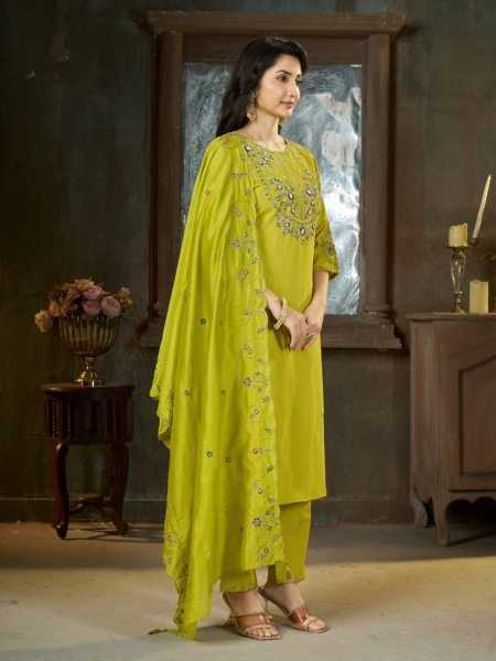 Exquisite Parrot Green Designer Mal Chanderi Anarkali Kurta Pant Dupatta with Bracelet Embroidery Kurtis 