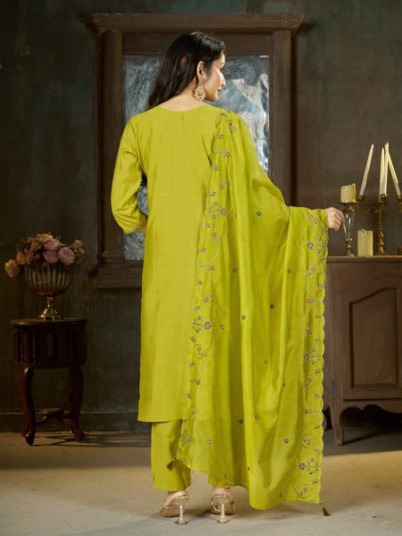 Exquisite Parrot Green Designer Mal Chanderi Anarkali Kurta Pant Dupatta with Bracelet Embroidery Kurtis 
