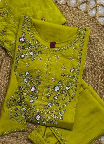 Exquisite Parrot Green Designer Mal Chanderi Anarkali Kurta Pant Dupatta with Bracelet Embroidery Kurtis 