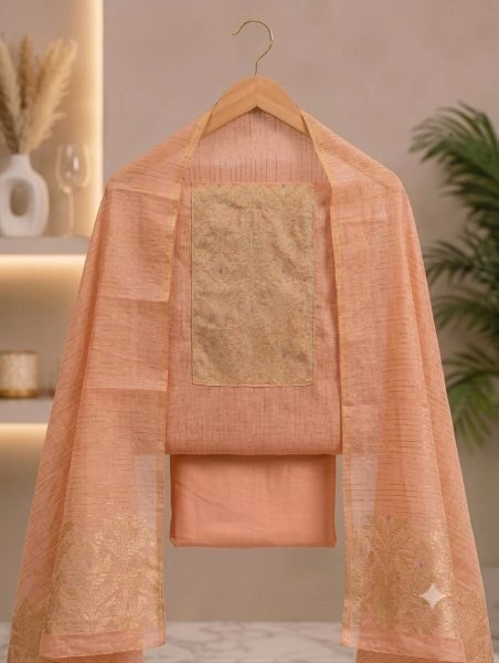 Exquisite Peach Designer South Silk Jacquard Suit with Santoon Bottom For Daily Wear Color Set Matching Dress Material Wholesale