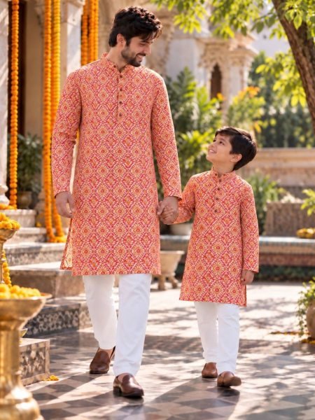 Exquisite Peach Father Son Matching Printed Kurta with Raymond Cotton Pyjama 