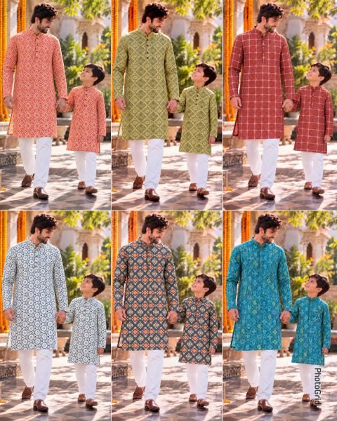 Exquisite Peach Father Son Matching Printed Kurta with Raymond Cotton Pyjama Father Son Collection 