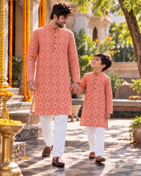 Exquisite Peach Father Son Matching Printed Kurta with Raymond Cotton Pyjama Father Son Collection 