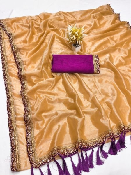 Exquisite Peach Twill Tissue Saree with Shiny Net Fabric and Embroidery Lace at Wholesale Rate 