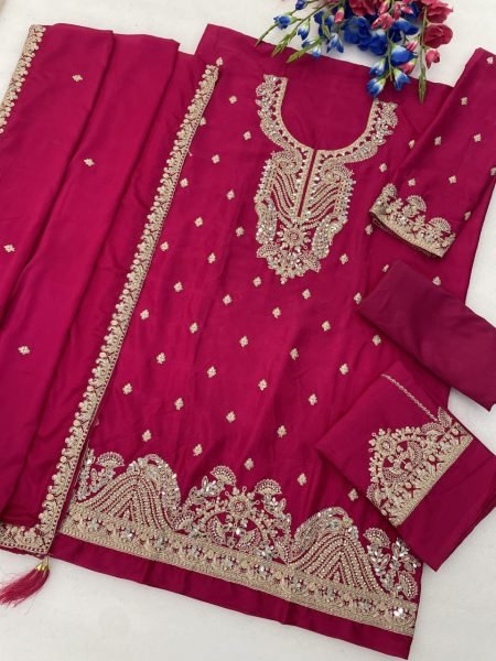 Exquisite Pink Blooming Chinon Silk Embroidered Palazzo Suit for Wedding Functions Designer Plazzo Salwar Suits Wholesale