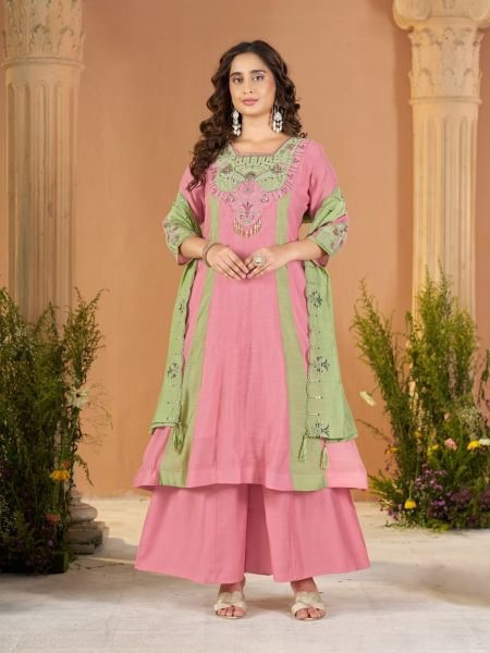 Exquisite Pink Green Mal Chanderi Anarkali Kurti with Roman Silk Palazzo at Manufacturer  Kurtis