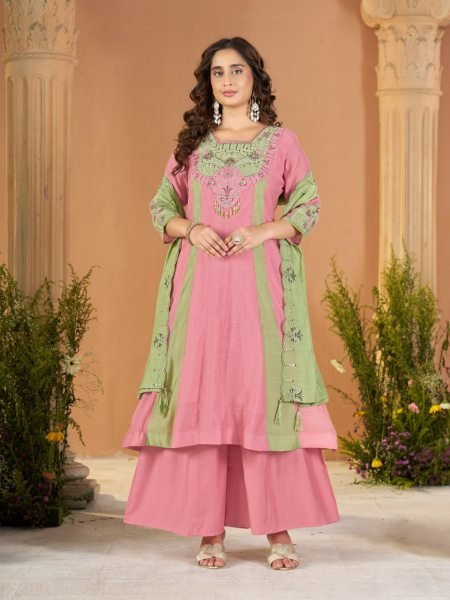 Exquisite Pink Green Mal Chanderi Anarkali Kurti with Roman Silk Palazzo at Manufacturer  Anarkali Kurtis 