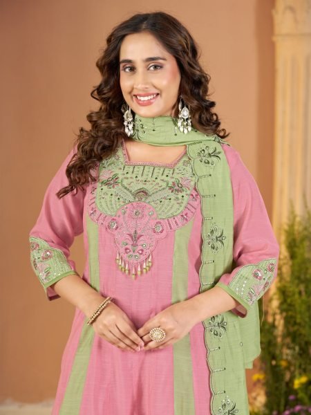 Exquisite Pink Green Mal Chanderi Anarkali Kurti with Roman Silk Palazzo at Manufacturer  Anarkali Kurtis 