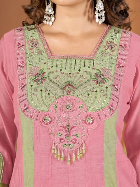 Exquisite Pink Green Mal Chanderi Anarkali Kurti with Roman Silk Palazzo at Manufacturer  Anarkali Kurtis 