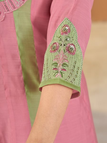 Exquisite Pink Green Mal Chanderi Anarkali Kurti with Roman Silk Palazzo at Manufacturer  Anarkali Kurtis 