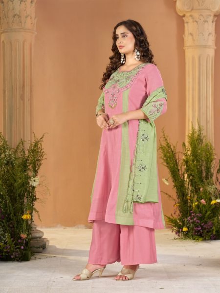 Exquisite Pink Green Mal Chanderi Anarkali Kurti with Roman Silk Palazzo at Manufacturer  Anarkali Kurtis 