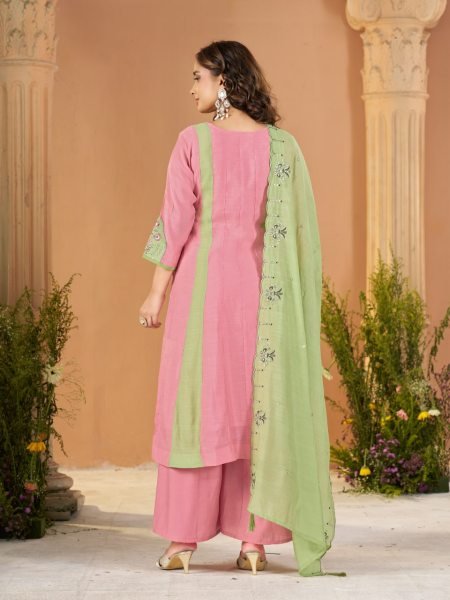 Exquisite Pink Green Mal Chanderi Anarkali Kurti with Roman Silk Palazzo at Manufacturer  Anarkali Kurtis 