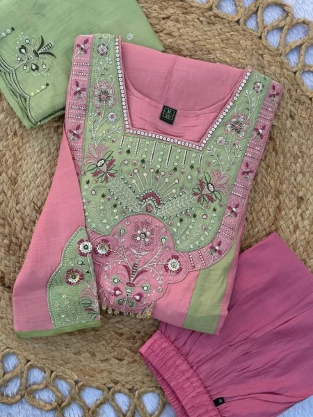 Exquisite Pink Green Mal Chanderi Anarkali Kurti with Roman Silk Palazzo at Manufacturer  Anarkali Kurtis 