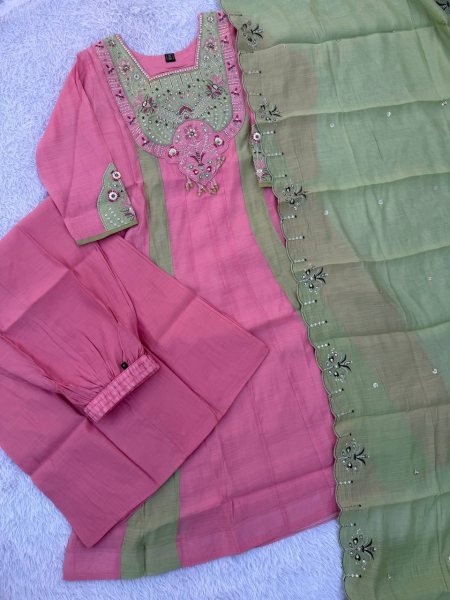 Exquisite Pink Green Mal Chanderi Anarkali Kurti with Roman Silk Palazzo at Manufacturer  Anarkali Kurtis 