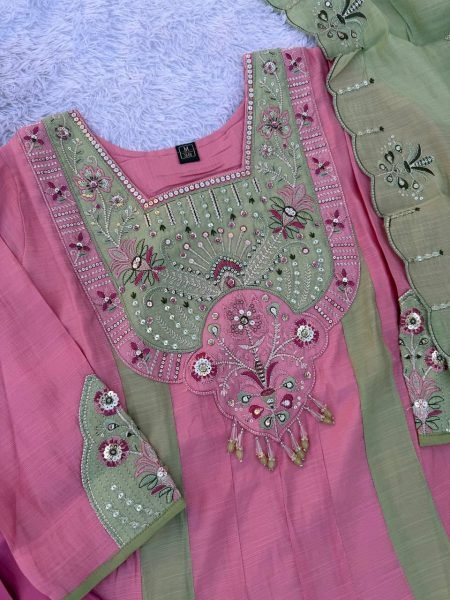 Exquisite Pink Green Mal Chanderi Anarkali Kurti with Roman Silk Palazzo at Manufacturer  Anarkali Kurtis 