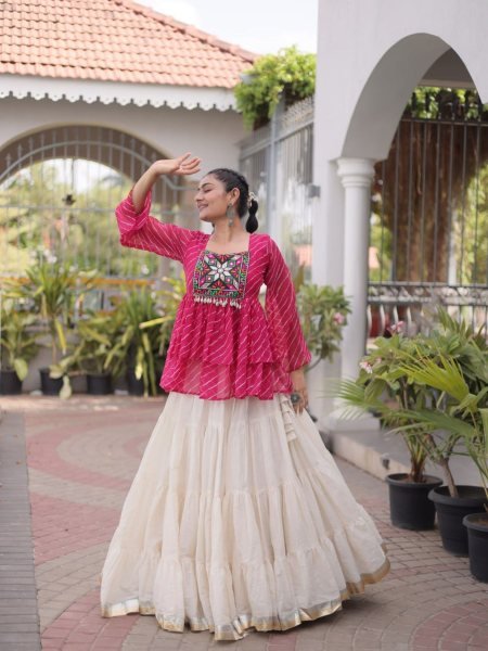 Exquisite Pink Premium Kora Cotton Lehenga with Laheriya Print Gamthi Work Top  Lehenga