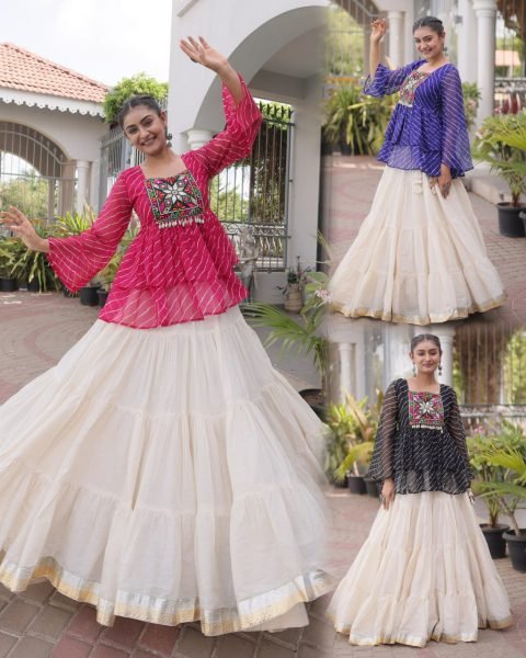 Exquisite Pink Premium Kora Cotton Lehenga with Laheriya Print Gamthi Work Top Navratri Lehnega Choli