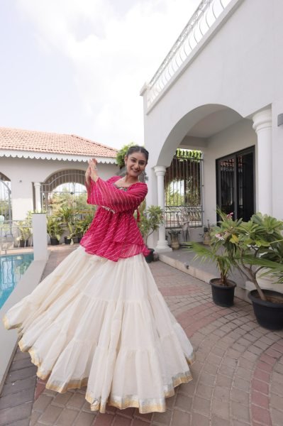Exquisite Pink Premium Kora Cotton Lehenga with Laheriya Print Gamthi Work Top Navratri Lehnega Choli