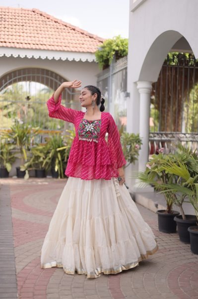 Exquisite Pink Premium Kora Cotton Lehenga with Laheriya Print Gamthi Work Top Navratri Lehnega Choli