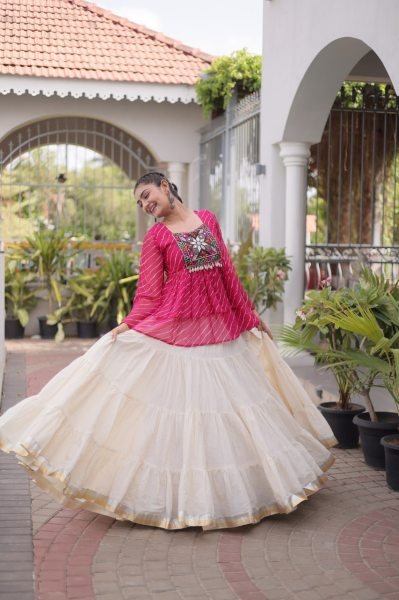 Exquisite Pink Premium Kora Cotton Lehenga with Laheriya Print Gamthi Work Top Navratri Lehnega Choli