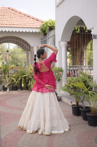 Exquisite Pink Premium Kora Cotton Lehenga with Laheriya Print Gamthi Work Top Navratri Lehnega Choli