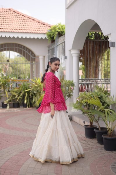 Exquisite Pink Premium Kora Cotton Lehenga with Laheriya Print Gamthi Work Top Navratri Lehnega Choli