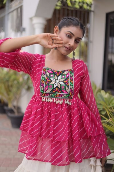 Exquisite Pink Premium Kora Cotton Lehenga with Laheriya Print Gamthi Work Top Navratri Lehnega Choli