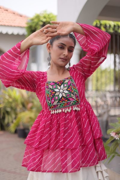 Exquisite Pink Premium Kora Cotton Lehenga with Laheriya Print Gamthi Work Top Navratri Lehnega Choli