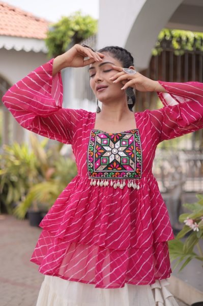 Exquisite Pink Premium Kora Cotton Lehenga with Laheriya Print Gamthi Work Top Navratri Lehnega Choli
