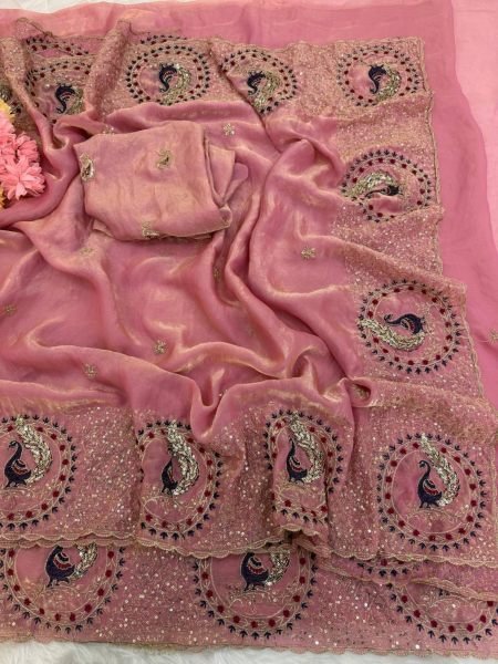 Exquisite Pink Women's Space Satin Saree with Embroidered Blouse For Wedding Sarees 