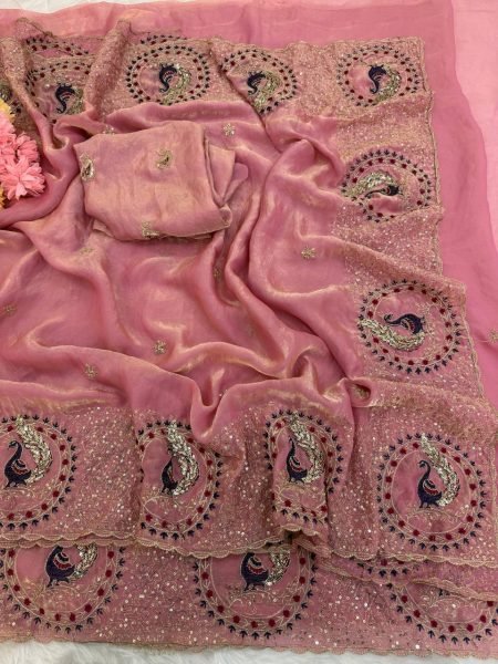 Exquisite Pink Women's Space Satin Saree with Embroidered Blouse For Wedding Designer Wedding Sarees Wholesale