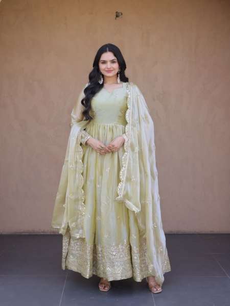 Exquisite Pista Fendi Silk Festival Wear Gown with Embroidered Dupatta and Canvas Patta Stitching Ready To Wear Suit