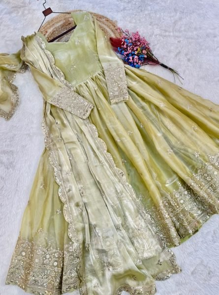 Exquisite Pista Fendi Silk Festival Wear Gown with Embroidered Dupatta and Canvas Patta Stitching Ready To Wear Collection