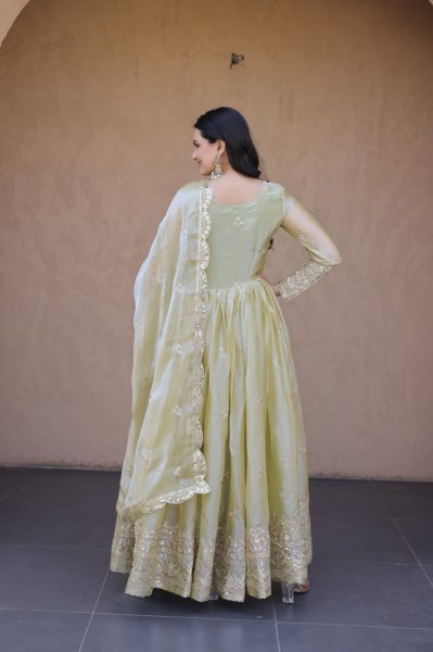 Exquisite Pista Fendi Silk Festival Wear Gown with Embroidered Dupatta and Canvas Patta Stitching Ready To Wear Collection