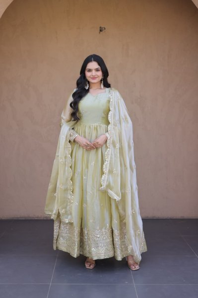 Exquisite Pista Fendi Silk Festival Wear Gown with Embroidered Dupatta and Canvas Patta Stitching Ready To Wear Collection