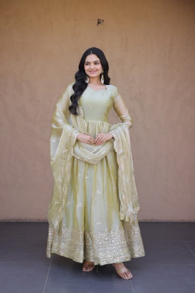 Exquisite Pista Fendi Silk Festival Wear Gown with Embroidered Dupatta and Canvas Patta Stitching Ready To Wear Collection