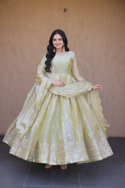Exquisite Pista Fendi Silk Festival Wear Gown with Embroidered Dupatta and Canvas Patta Stitching Ready To Wear Collection