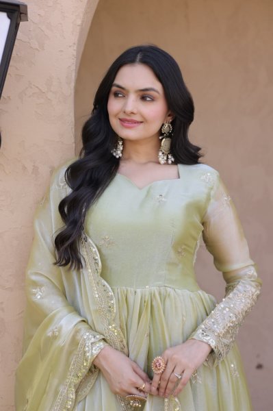 Exquisite Pista Fendi Silk Festival Wear Gown with Embroidered Dupatta and Canvas Patta Stitching Ready To Wear Collection