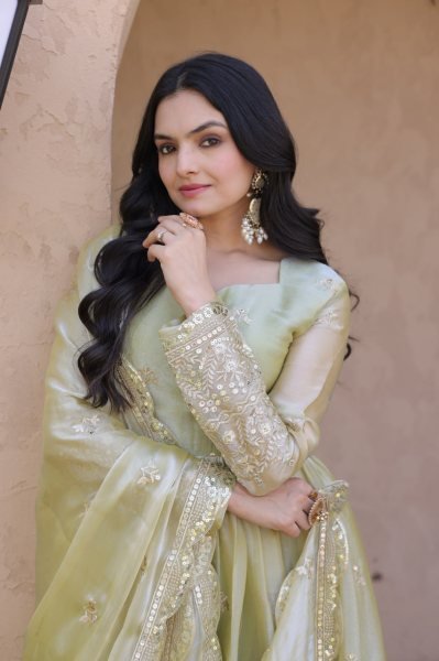 Exquisite Pista Fendi Silk Festival Wear Gown with Embroidered Dupatta and Canvas Patta Stitching Ready To Wear Collection