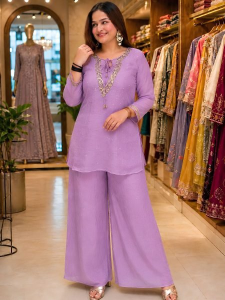 Exquisite Purple Designer Crunchy Silk Kurti Set with Embroidered Blouse and Palazzo Kurtis