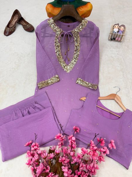Exquisite Purple Designer Crunchy Silk Kurti Set with Embroidered Blouse and Palazzo CO ORD Sets