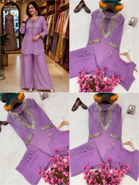 Exquisite Purple Designer Crunchy Silk Kurti Set with Embroidered Blouse and Palazzo CO ORD Sets